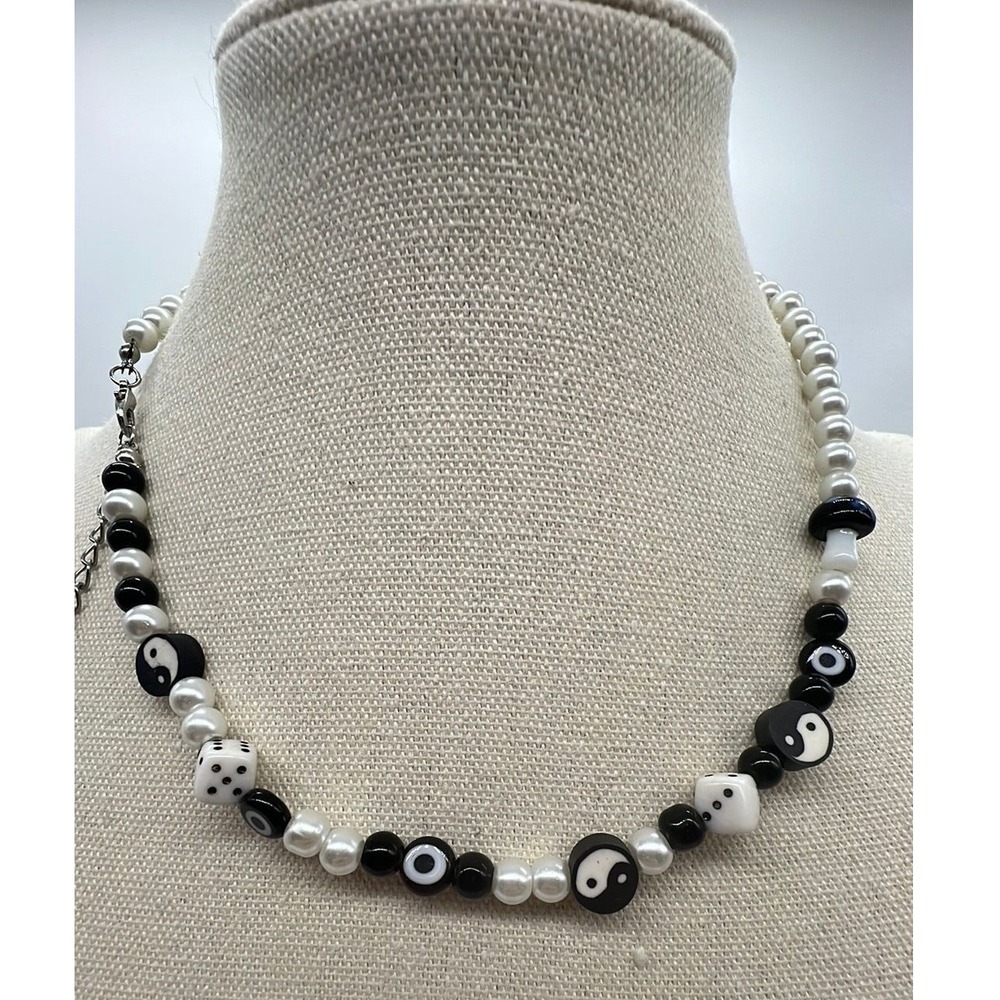 Yin Yang Beaded Necklace Y2K Indie Alt Black White Faux Pearl 17-18.5in